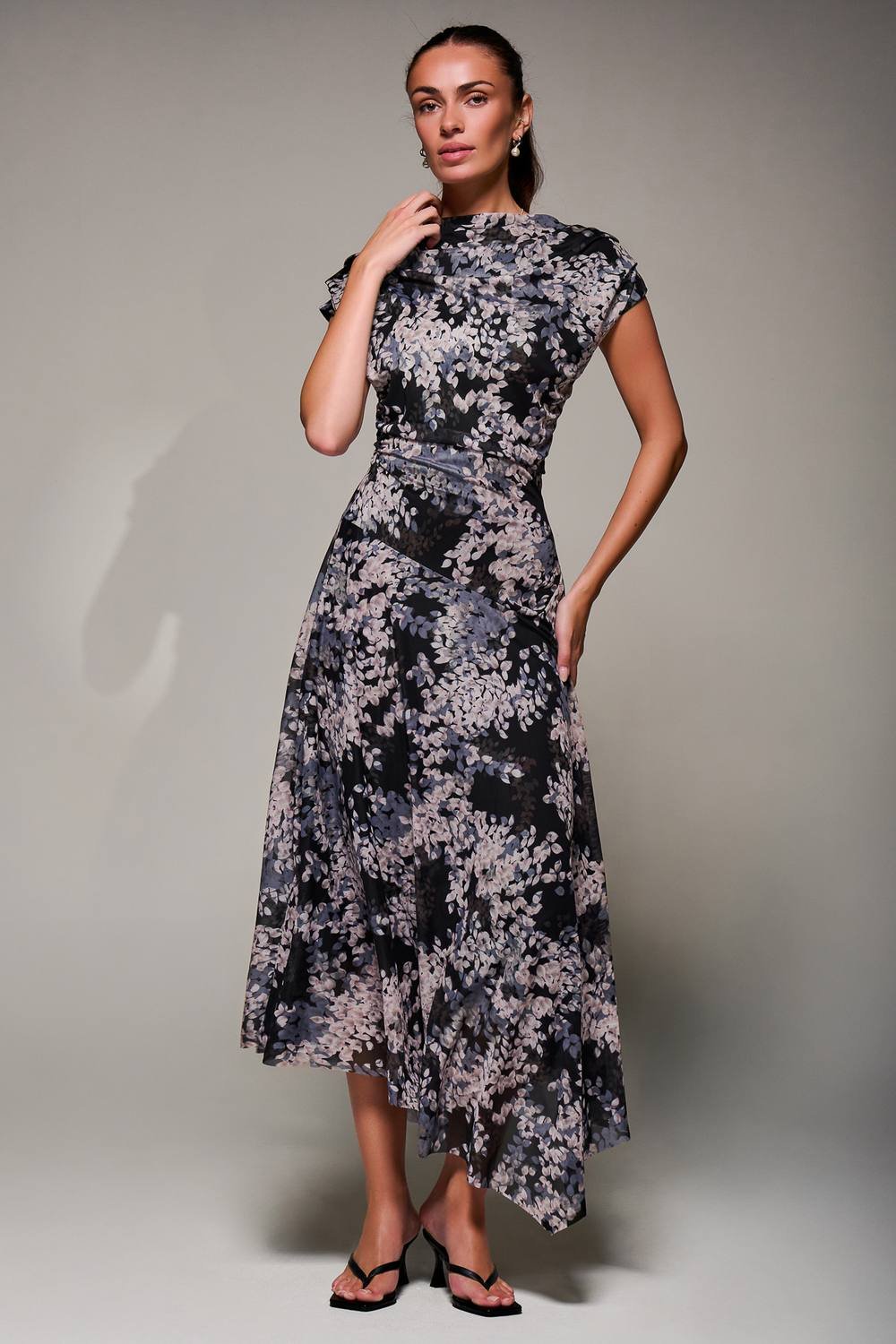 Jolie Moi Jolie Moi Women's Asymmetrical Draped Slash Neck Midaxi Dress in Black - 3