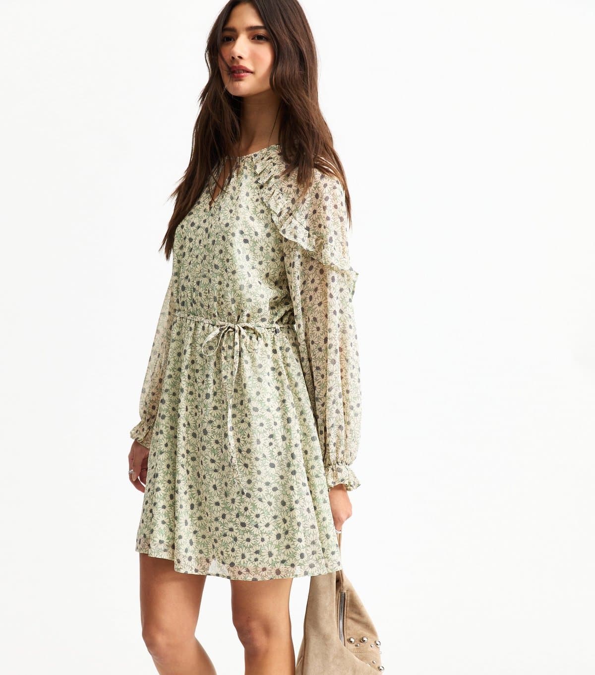 New Look Women's Green Floral Print Chiffon Mini Dress New Look