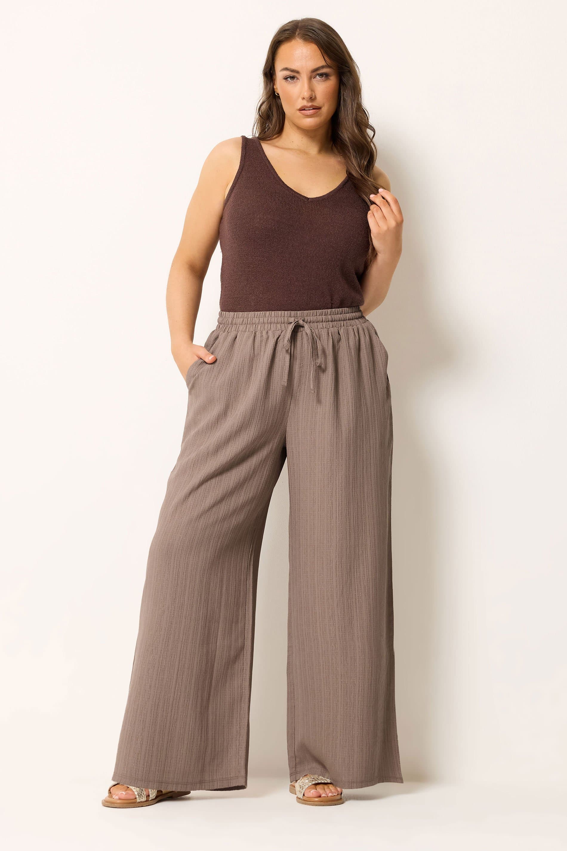Yours Plus Size Natural Brown Wide Leg Textured Trousers
