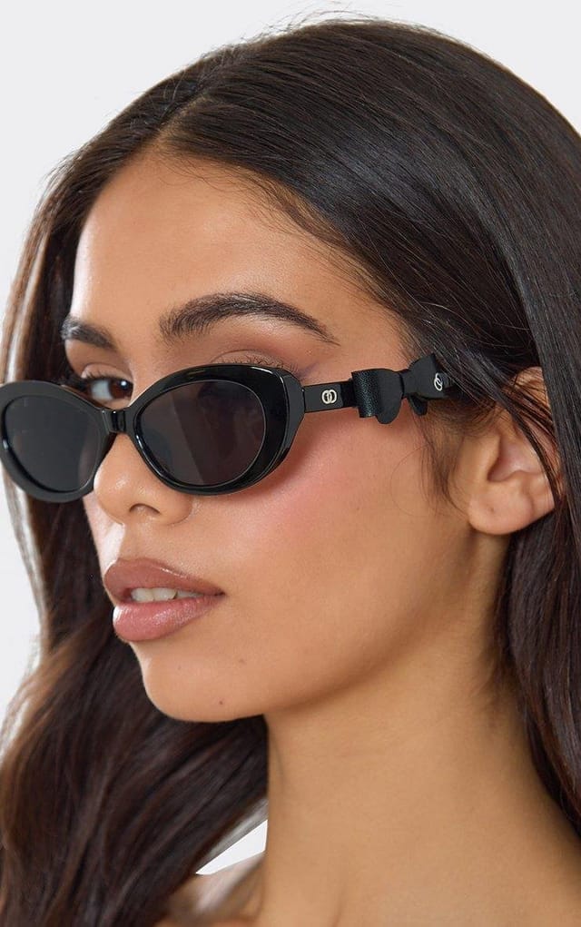 EGO Cateye Shaped Side Bow Detail Sunglasses In Black, Women's Size UK 0 - 2