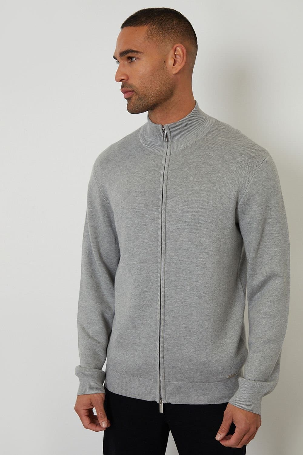 Threadbare threadbare Men's Zip-Through Funnel Neck Knitted Cardigan in Grey