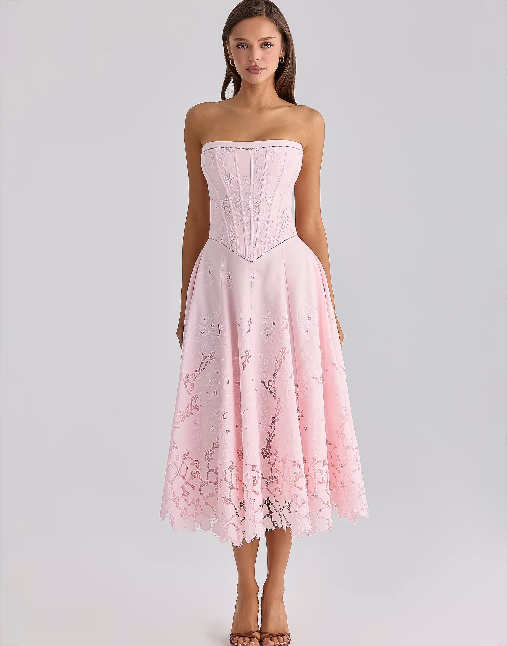 ASOS House of CB Belissa pink strapless custom lace + broderie anglaise midi dress in pink