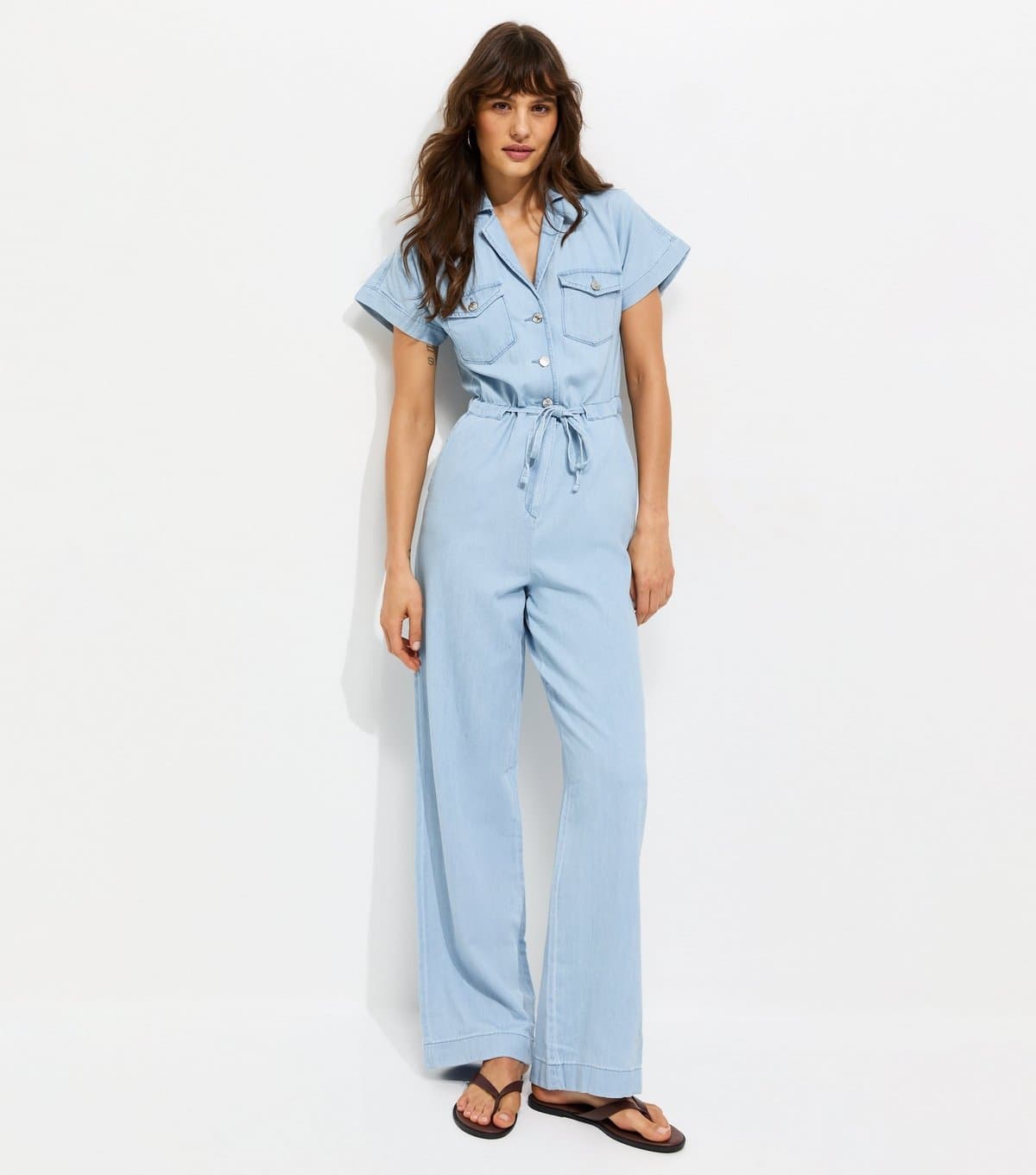 New Look Women's Tall Light Blue Cotton Wide Leg Denim Jumpsuit New Look