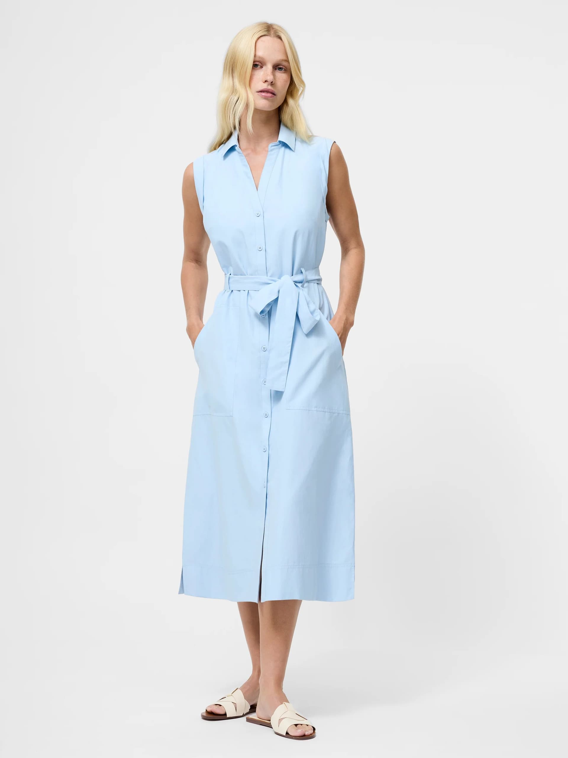 French Connection Era Poplin Sleeveless Belted Midaxi Dress Sky Blue