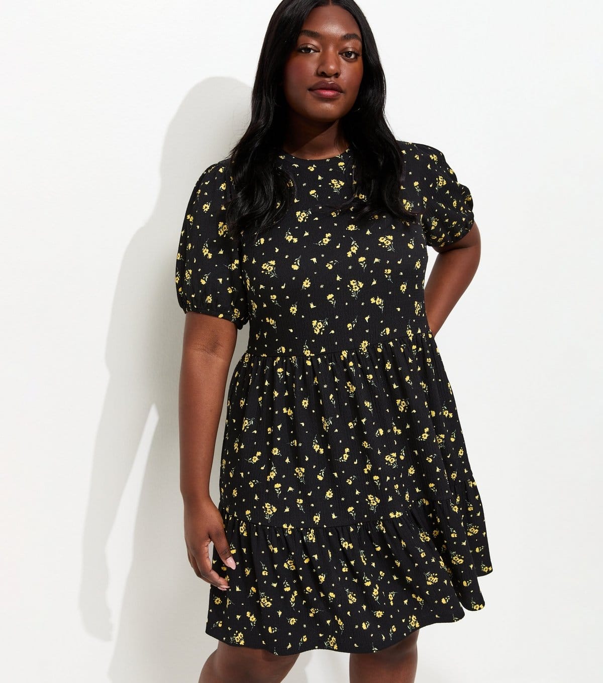 New Look Plus Size Black Ditsy Print Tiered Smock Mini Dress