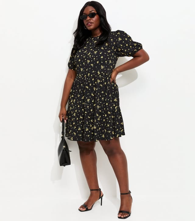 New Look Women's Plus Size Black Ditsy Print Tiered Smock Mini Dress Curves New Look - 3