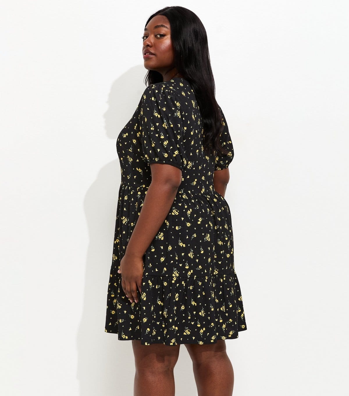 New Look Women's Plus Size Black Ditsy Print Tiered Smock Mini Dress Curves New Look - 4