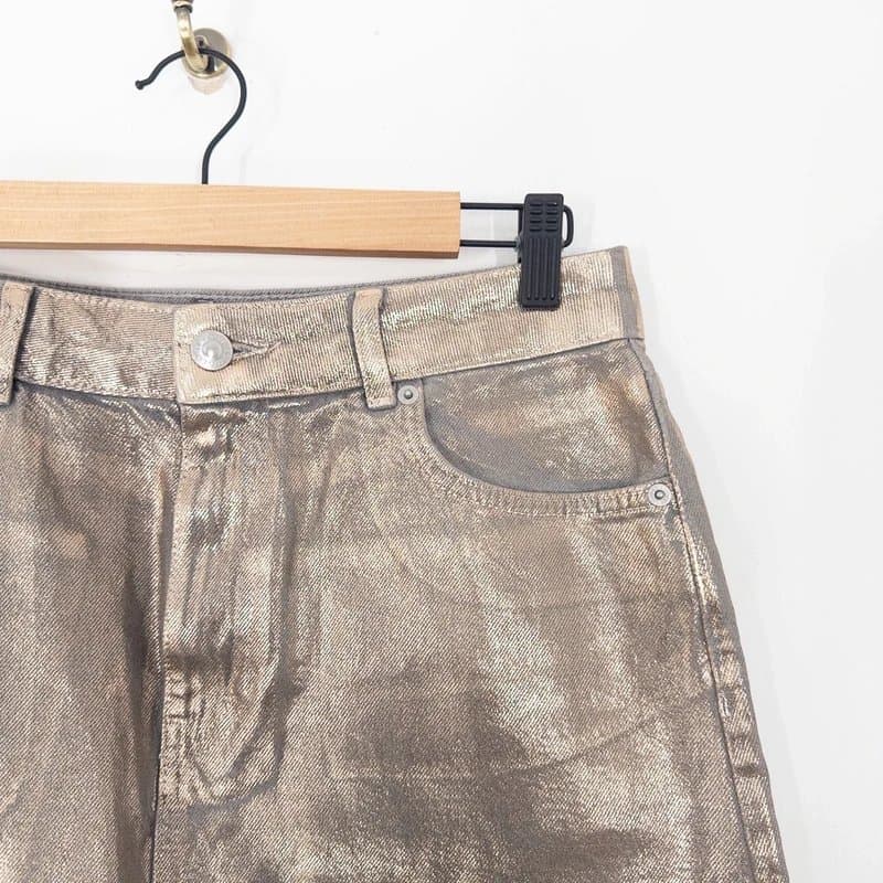 Marks & Spencer M&S Bronze Gold Coated Denim Skirt Size 10 Mini Cotton Festival Party