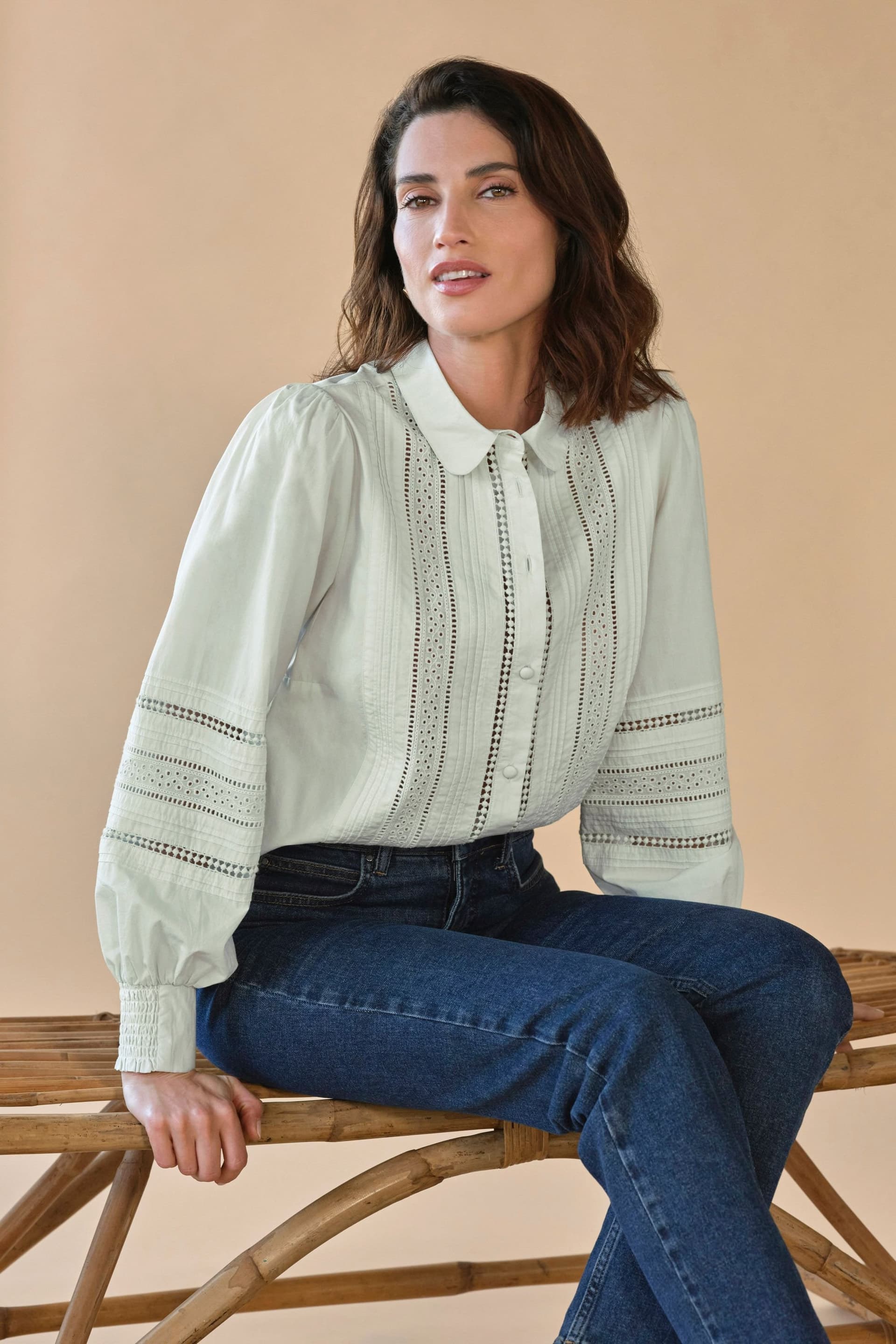 Pure Collection Pure Collection Women's Pintuck Lace Cotton Shirt in Mint