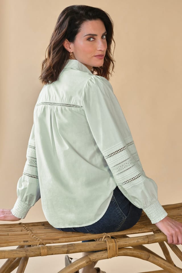Pure Collection Pure Collection Women's Pintuck Lace Cotton Shirt in Mint - 3