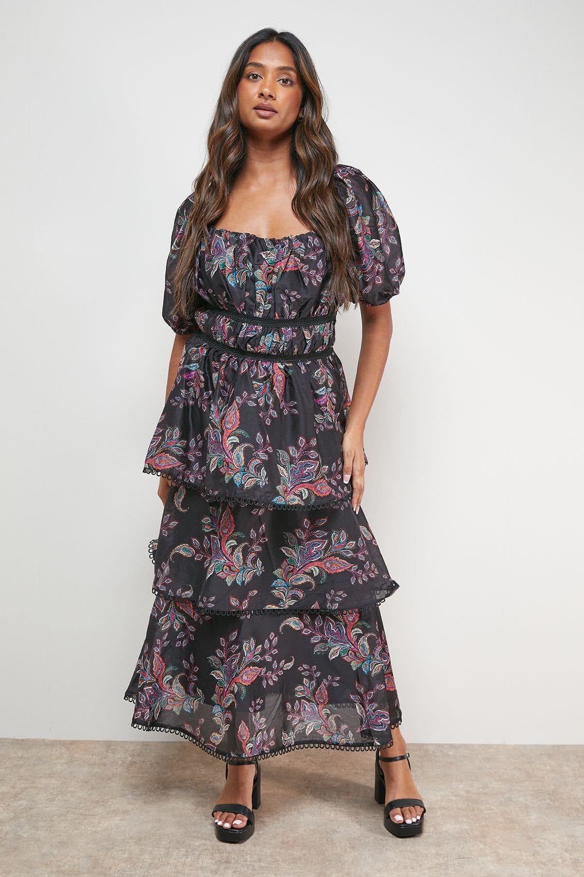 Oasis Oasis Women's Puff Sleeve Tiered Midaxi Dress in Black