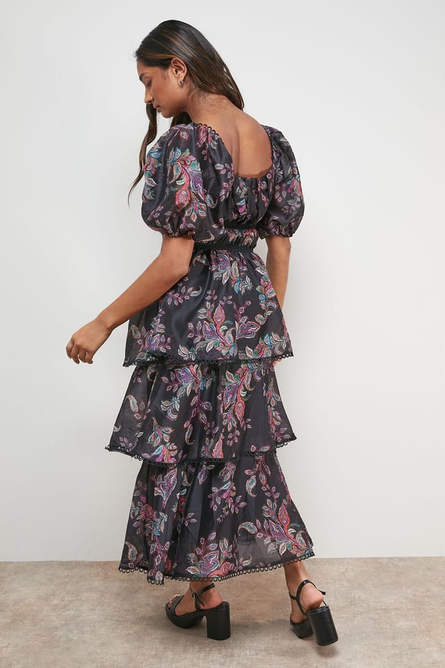 Oasis Oasis Women's Puff Sleeve Tiered Midaxi Dress in Black - 3