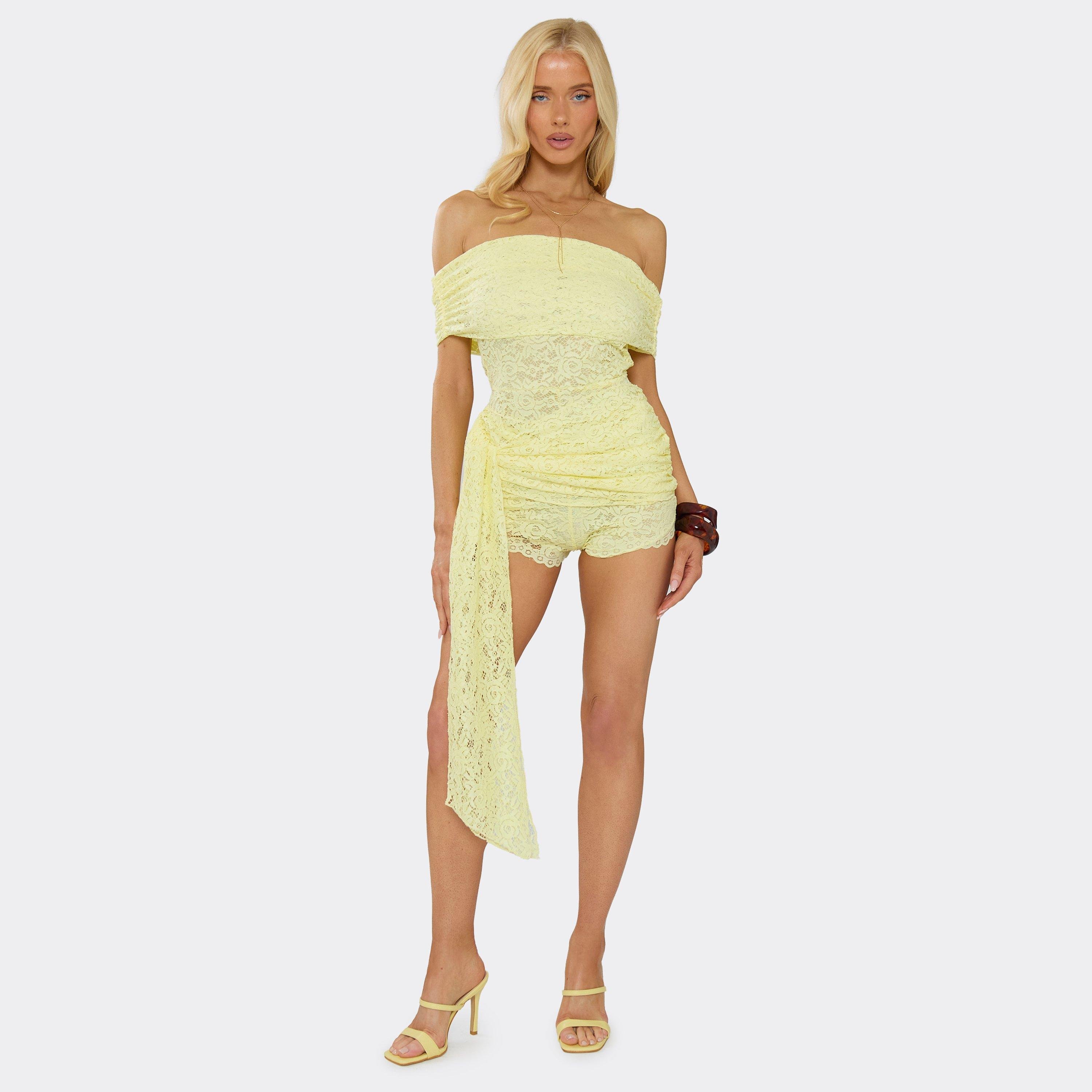 EGO Bardot Tie Waist Detail Playsuit In Yellow Lace, Women's Size UK 6 - 1