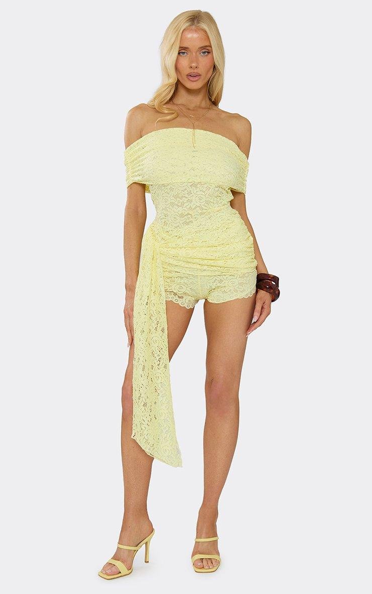 EGO Bardot Tie Waist Detail Playsuit In Yellow Lace, Women's Size UK 6 - 2