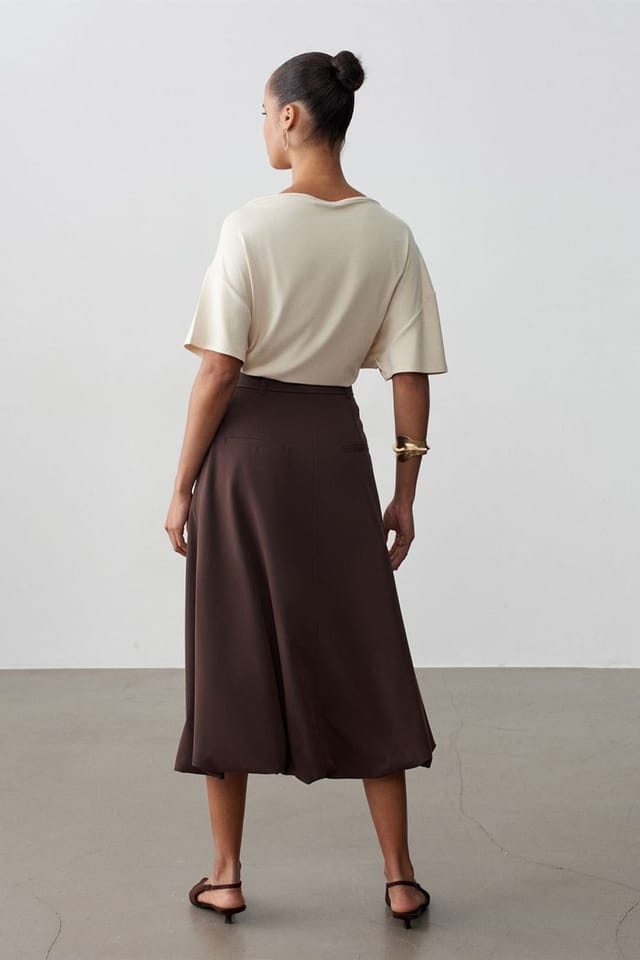 Dilvin Dilvin Women's High-waist Belted Midi Balloon Skirt in Chocolate - 2