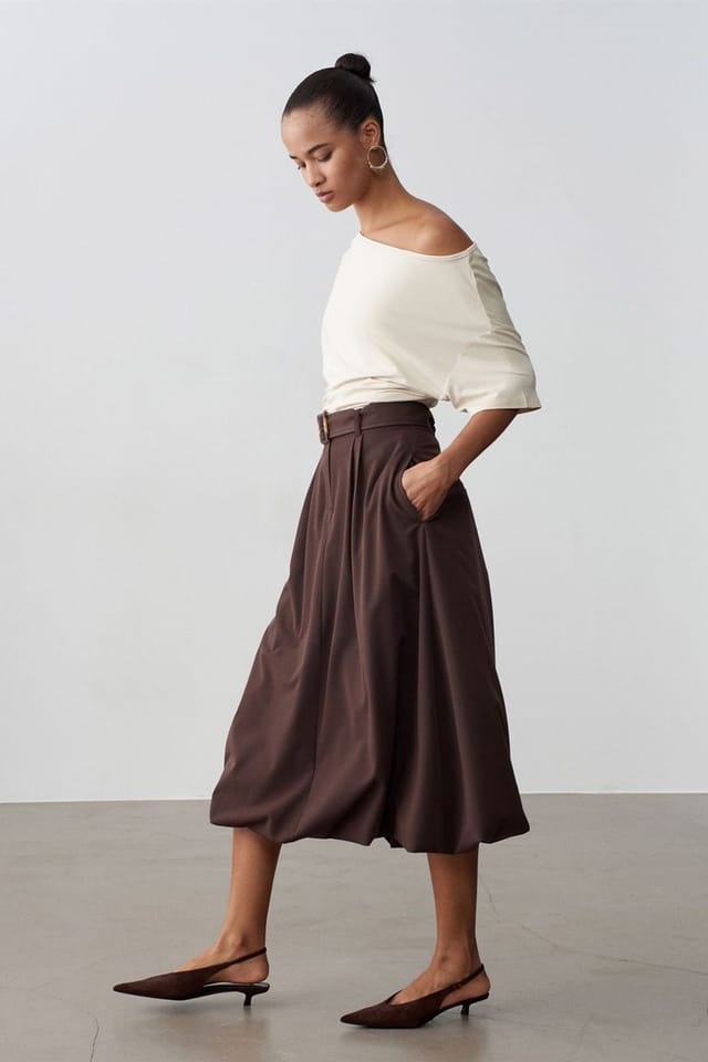 Dilvin Dilvin Women's High-waist Belted Midi Balloon Skirt in Chocolate - 3