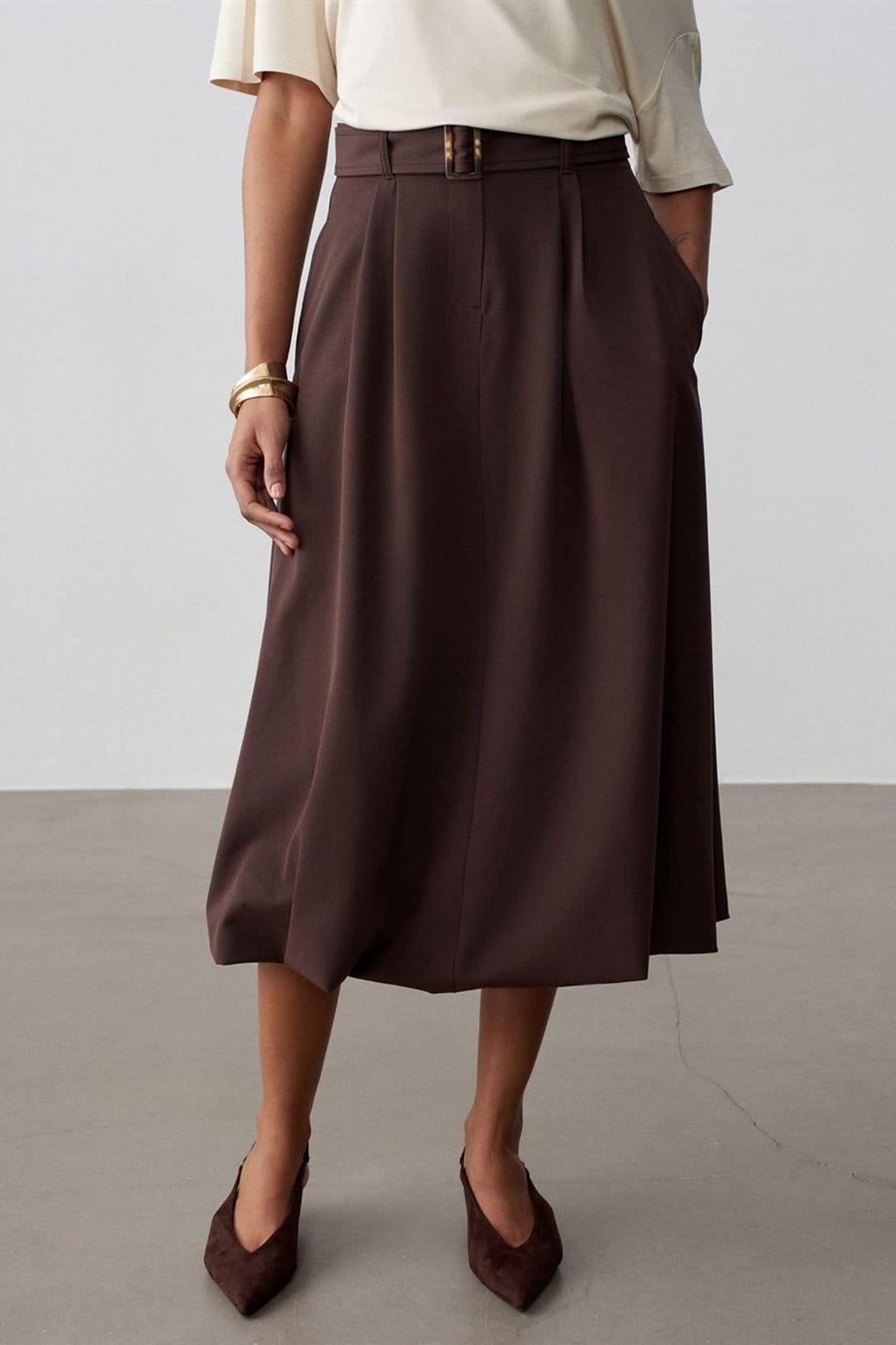 Dilvin Dilvin Women's High-waist Belted Midi Balloon Skirt in Chocolate - 4