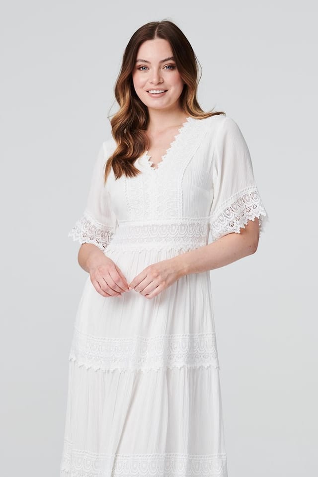 Izabel London Izabel London Women's Short Sleeve Crochet Maxi Dress in White - 2