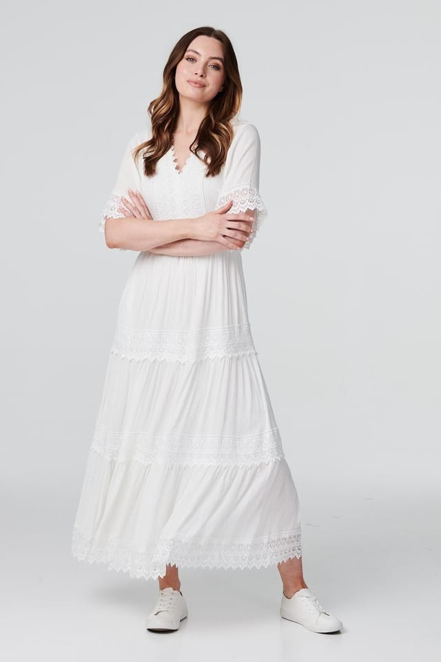 Izabel London Izabel London Women's Short Sleeve Crochet Maxi Dress in White - 3