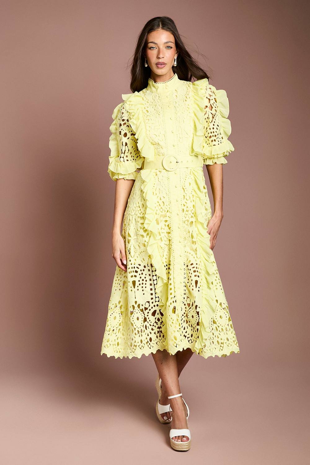 Coast Coast Women's Lace Ruffle Shirt Dress With Tie in Yellow - 2