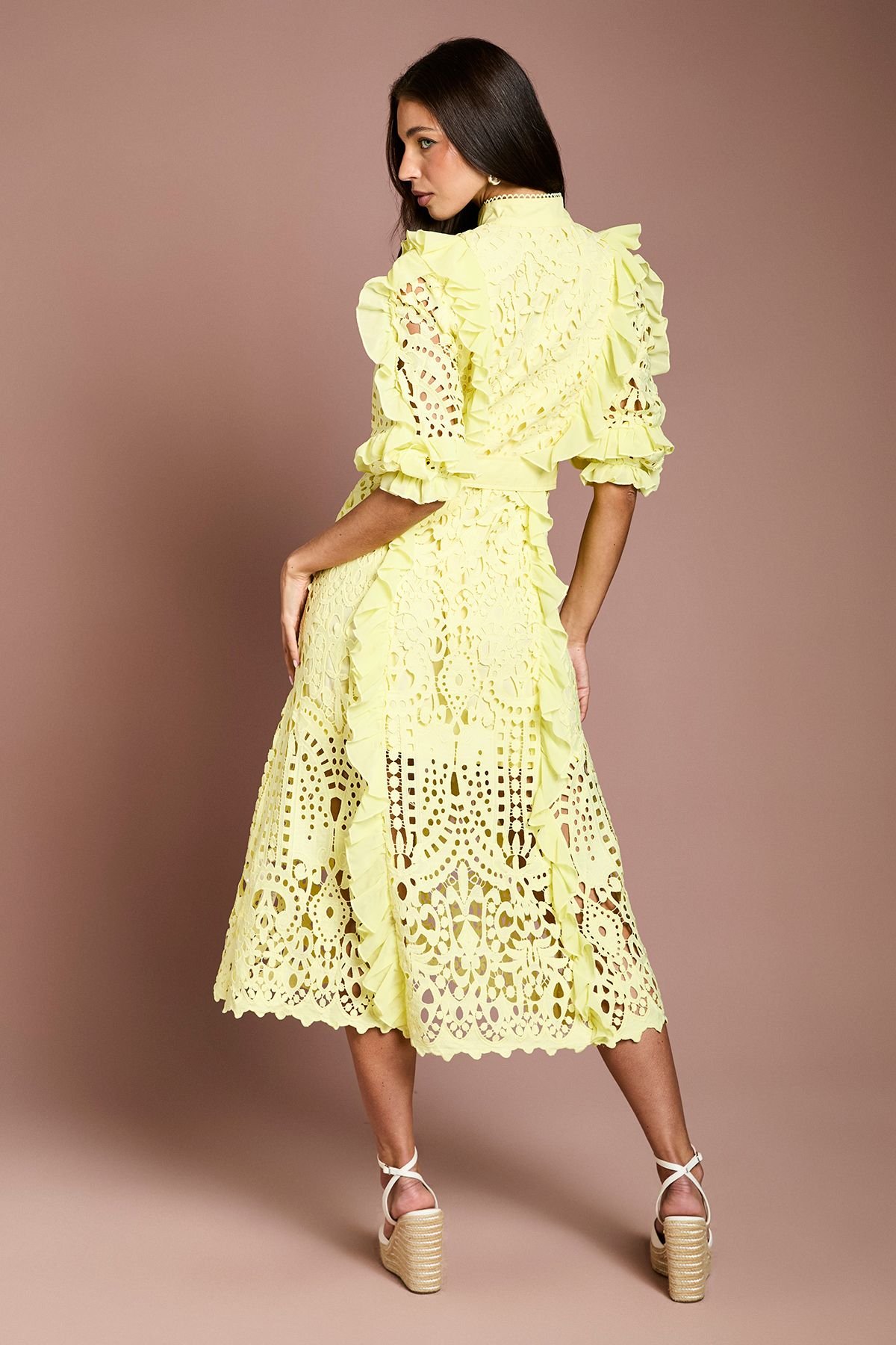 Coast Coast Women's Lace Ruffle Shirt Dress With Tie in Yellow - 3