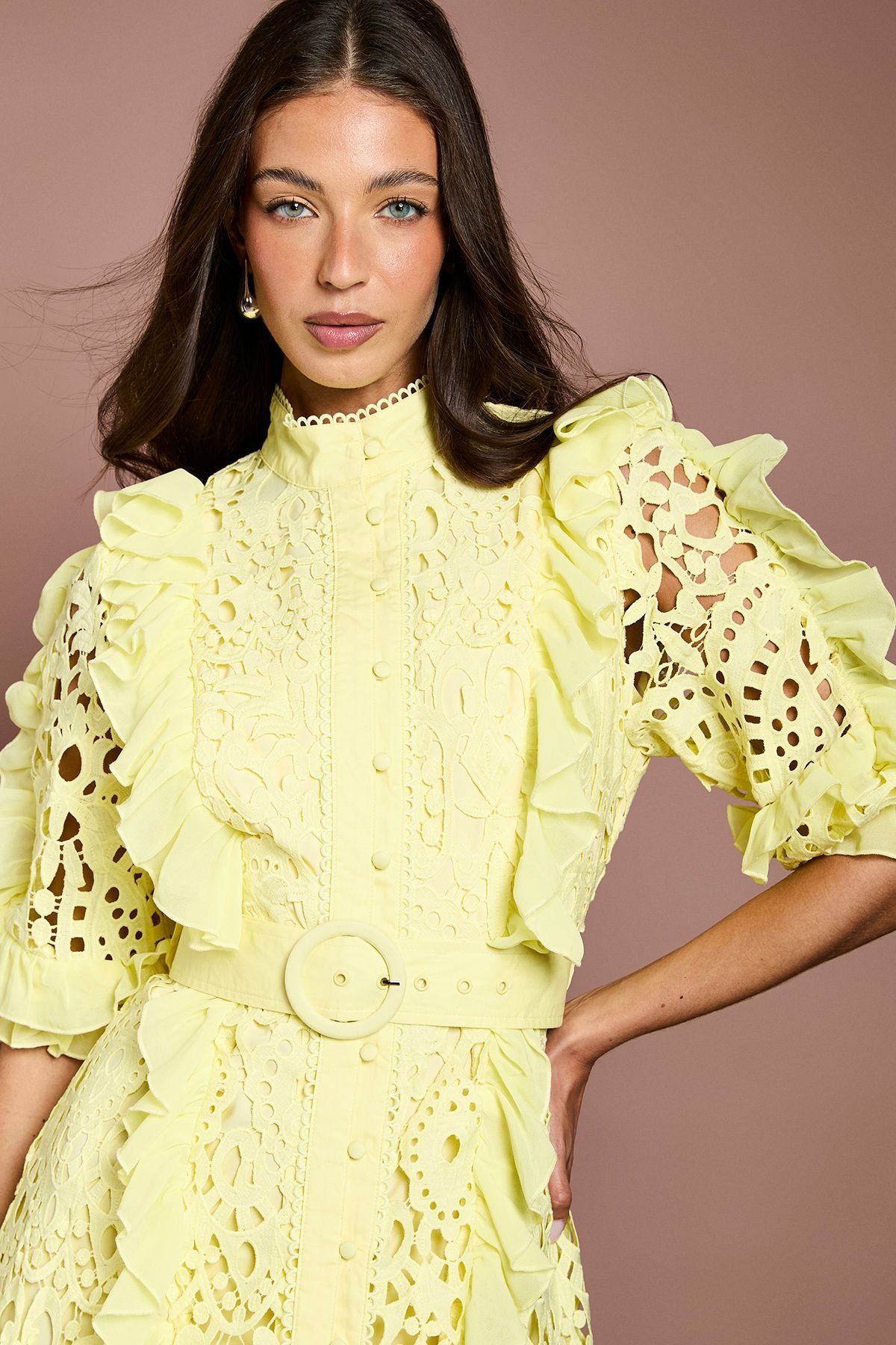 Coast Coast Women's Lace Ruffle Shirt Dress With Tie in Yellow - 4