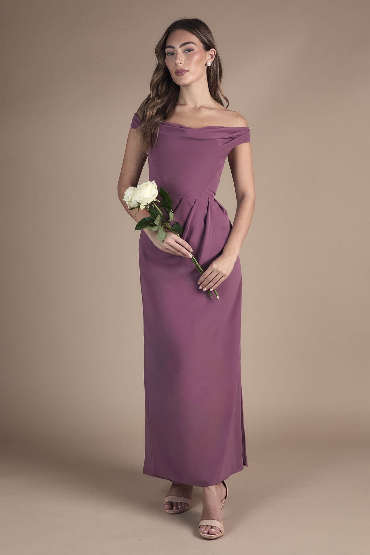 Coast Coast Women's Crepe Bardot Ruched Maxi Bridesmaid Dress in Dark Mauve
