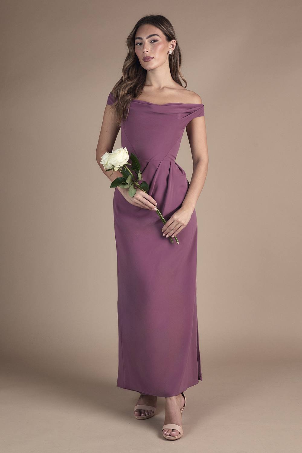 Coast Coast Women's Crepe Bardot Ruched Maxi Bridesmaid Dress in Dark Mauve - 2
