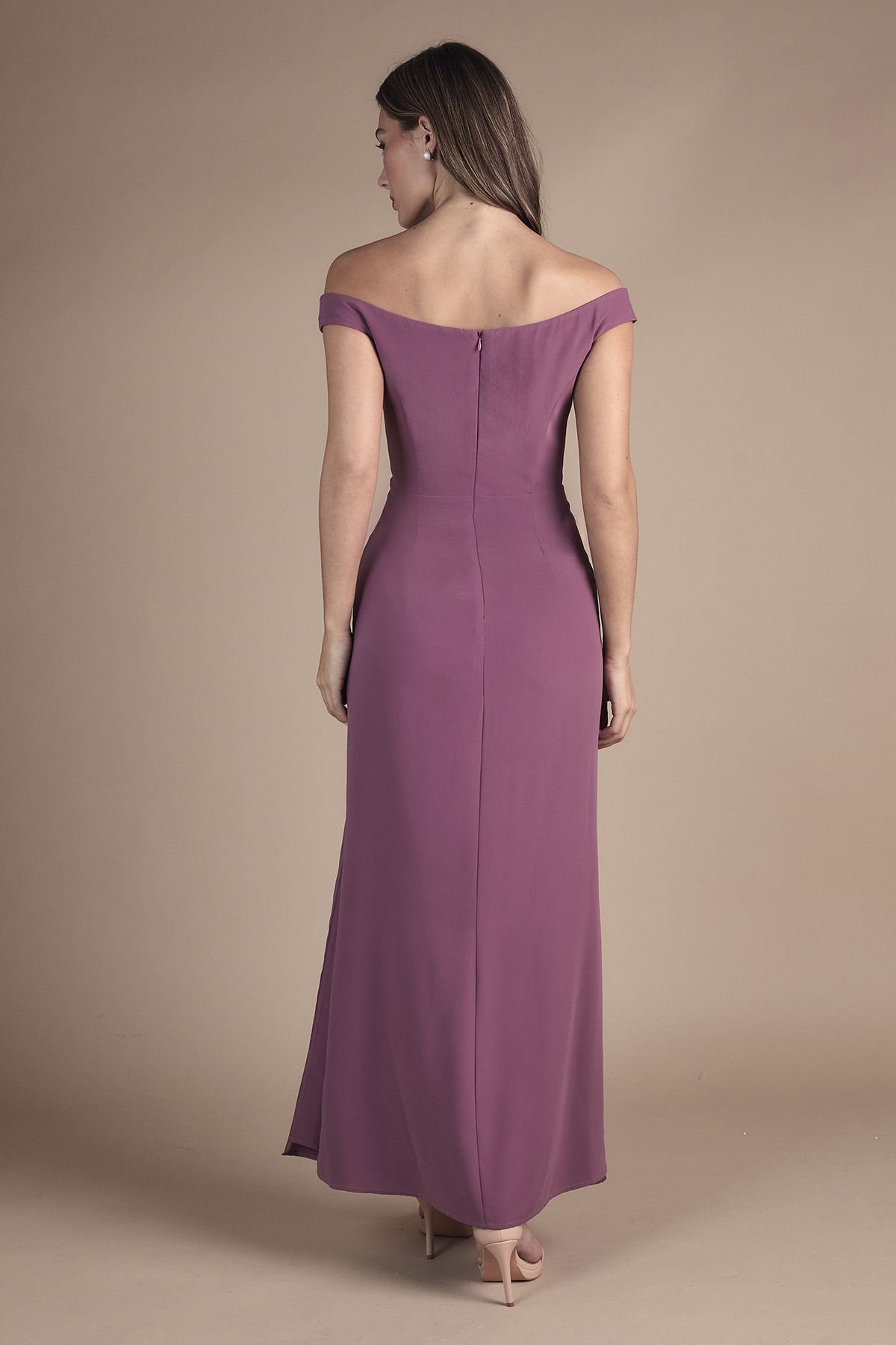 Coast Coast Women's Crepe Bardot Ruched Maxi Bridesmaid Dress in Dark Mauve - 3