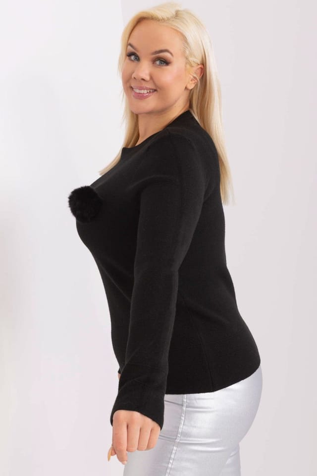 Love Lace Love Lace Women's Plus Size Viscose Sweater Pom Pom Round Neck in Black - 2