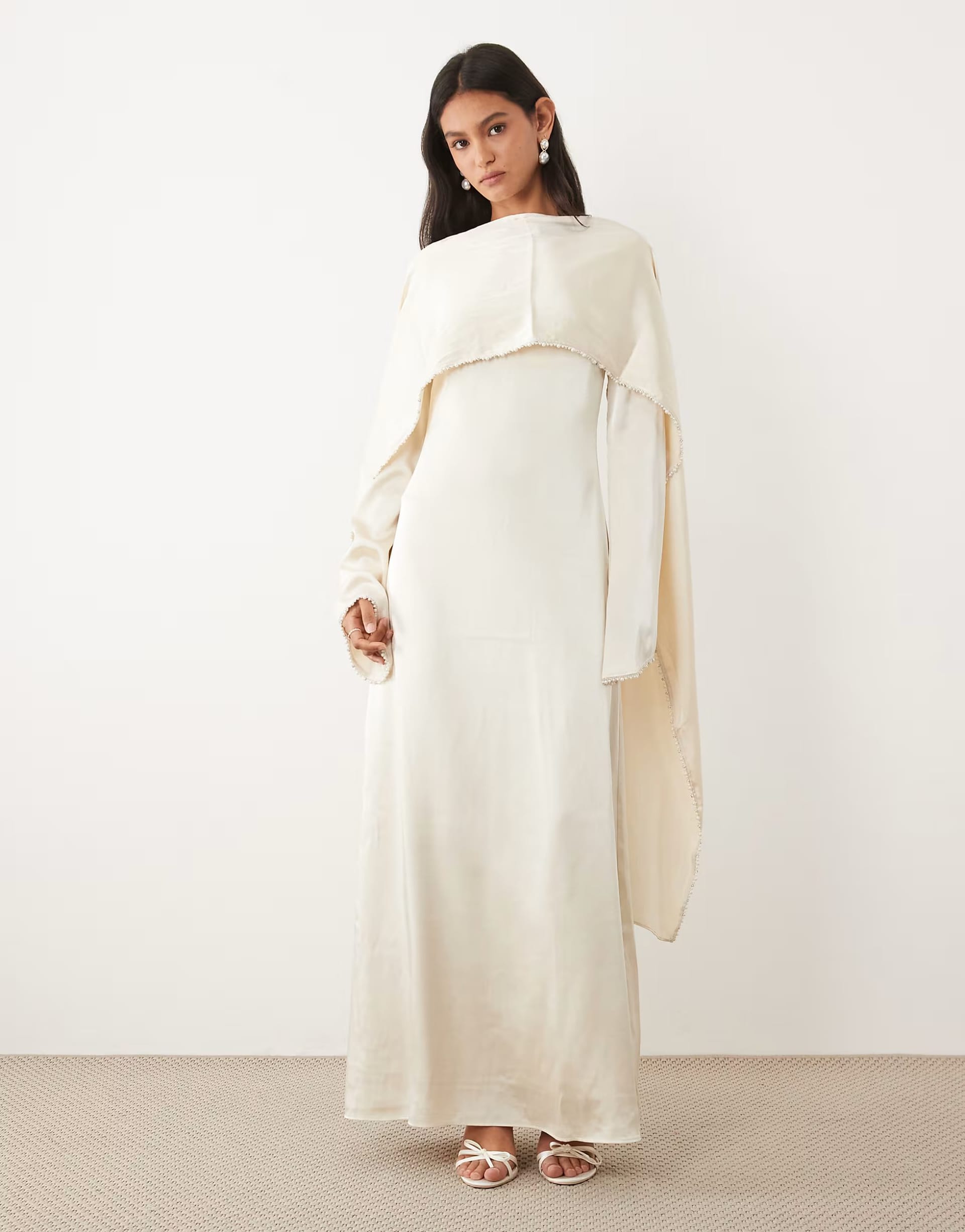 JW PEI White Satin Pearl-Trimmed Cape Sleeve Maxi Dress