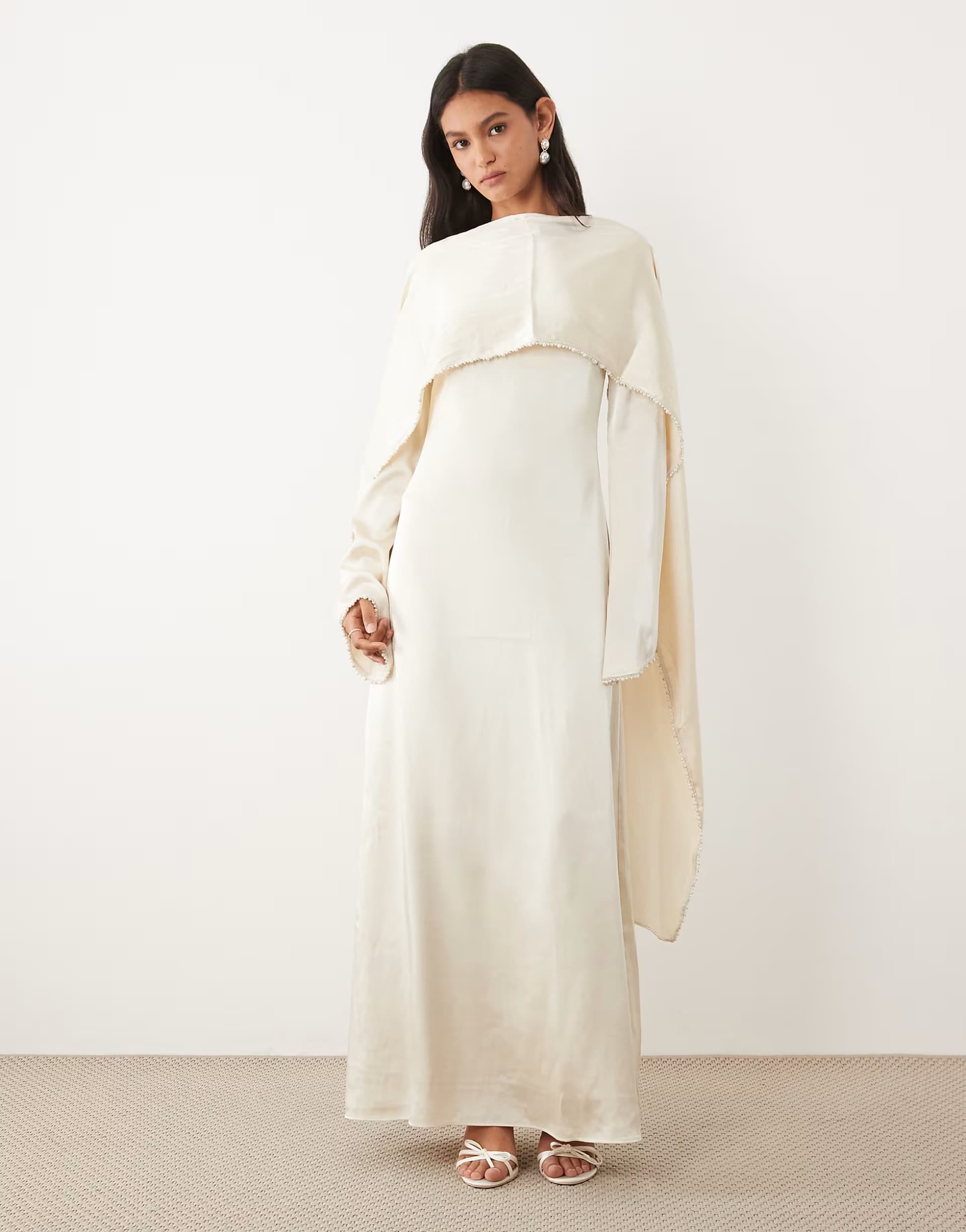 ASOS JW PEI satin pearl trimmed cape sleeve maxi dress in white