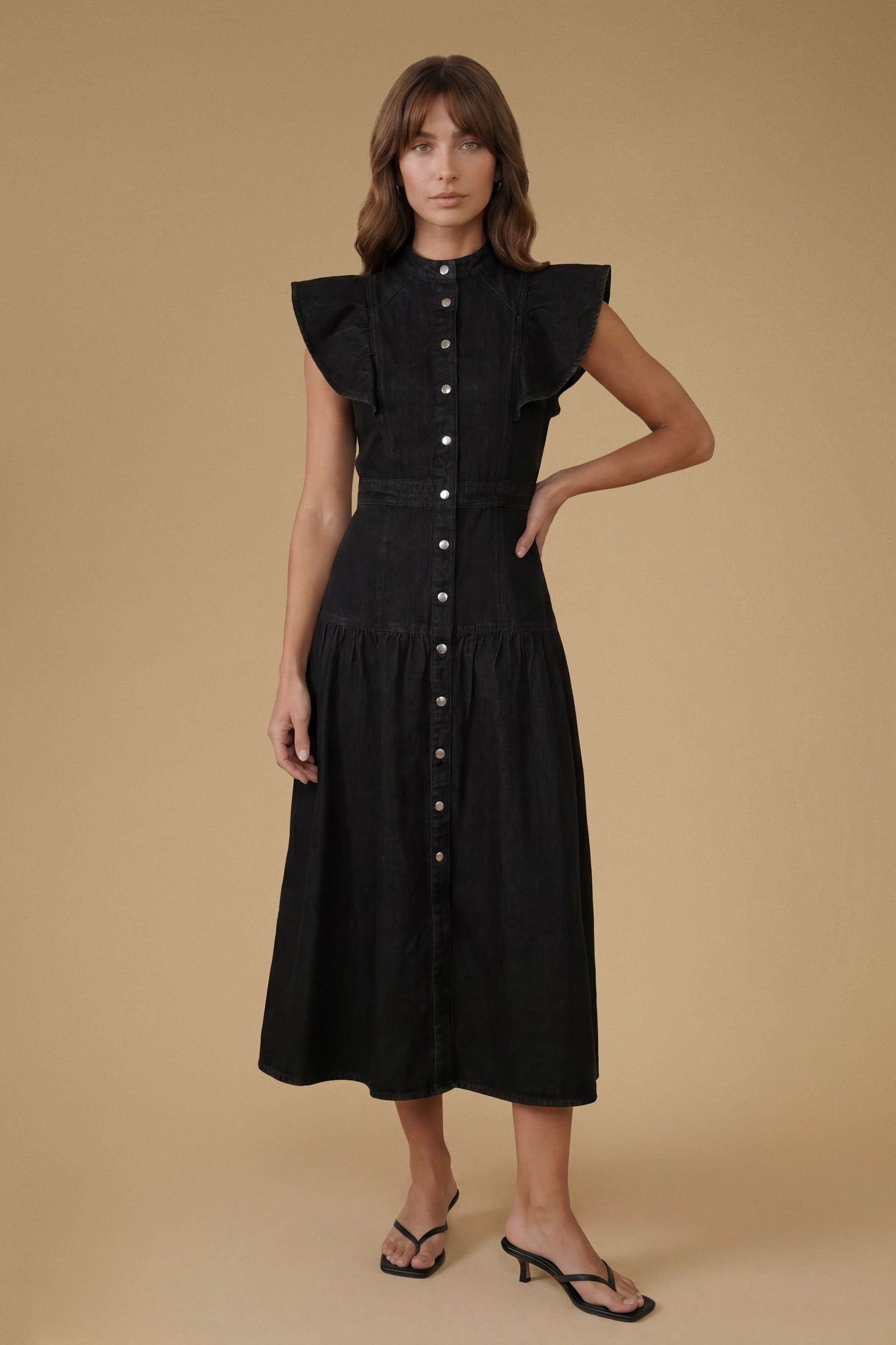 Oasis Women's Ruffle Denim Midi Dress in Black