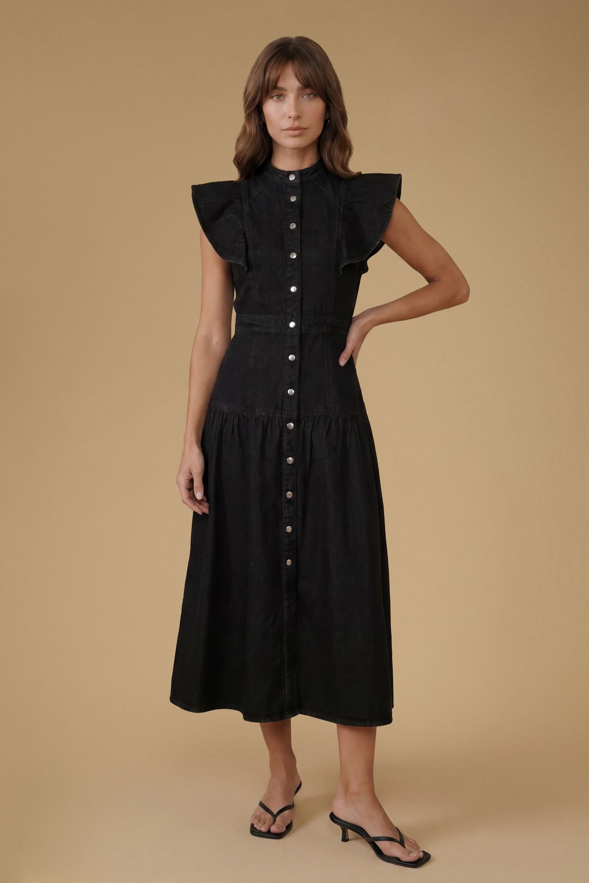 Oasis Oasis Women's Ruffle Denim Midi Dress in Black