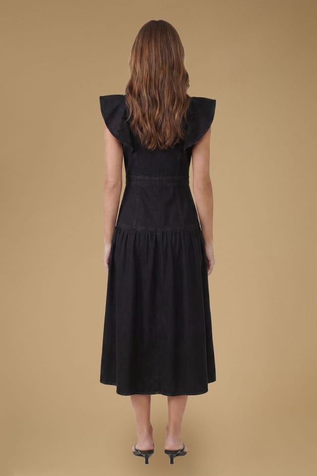 Oasis Oasis Women's Ruffle Denim Midi Dress in Black - 3
