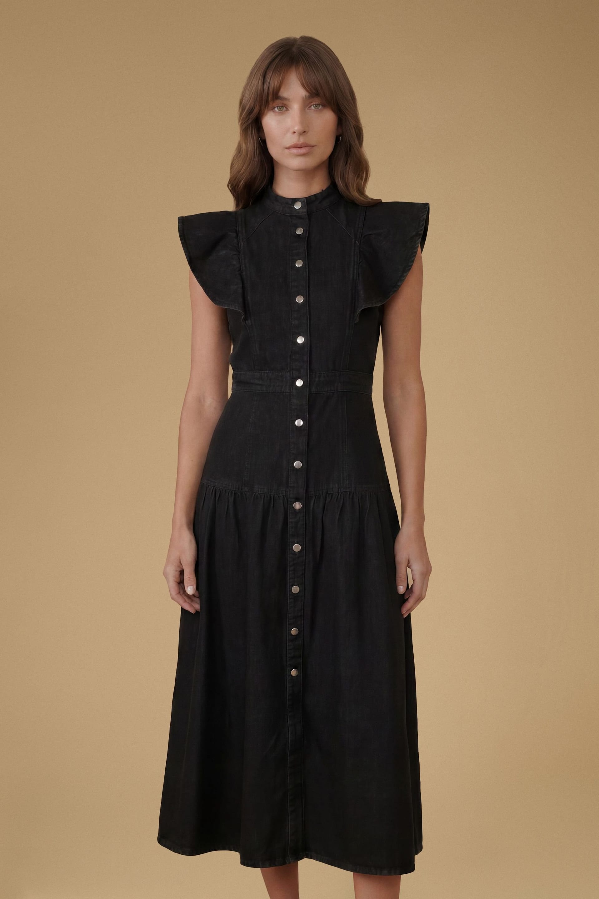 Oasis Oasis Women's Ruffle Denim Midi Dress in Black - 4