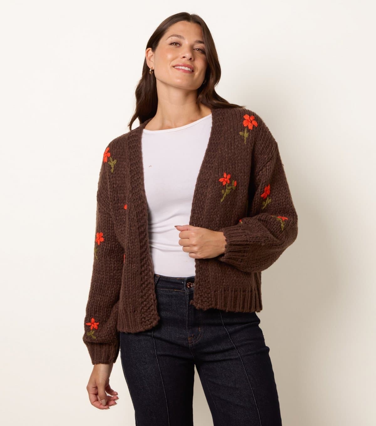 Blue Vanilla Women's Dark Brown Flower Embroidered Chunky Knit Cardigan Blue Vanilla New Look