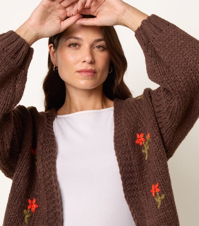 Blue Vanilla Women's Dark Brown Flower Embroidered Chunky Knit Cardigan Blue Vanilla New Look - 3