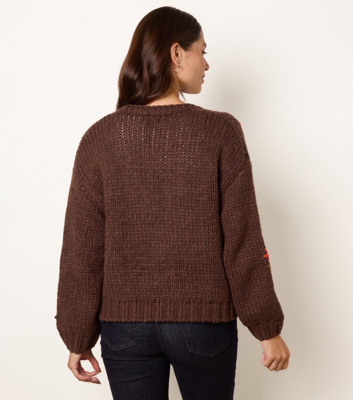 Blue Vanilla Women's Dark Brown Flower Embroidered Chunky Knit Cardigan Blue Vanilla New Look - 4