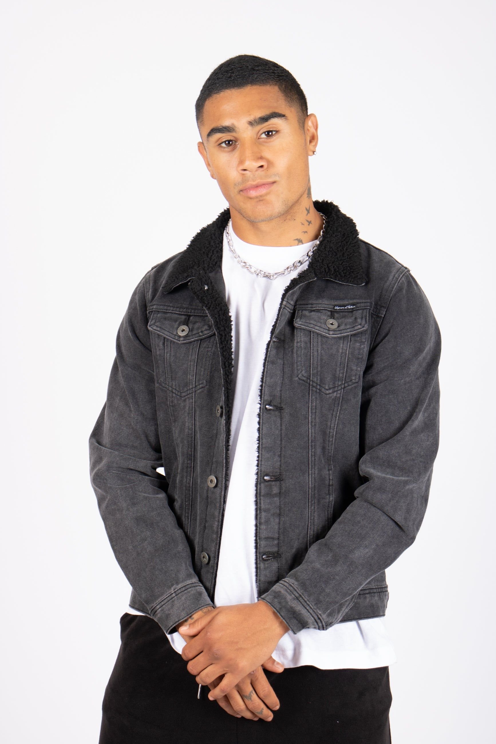 Liquor N Poker Liquor n Poker Men's Norton Slim Fit Denim Jacket With Borg Collar In Washed Black - 3