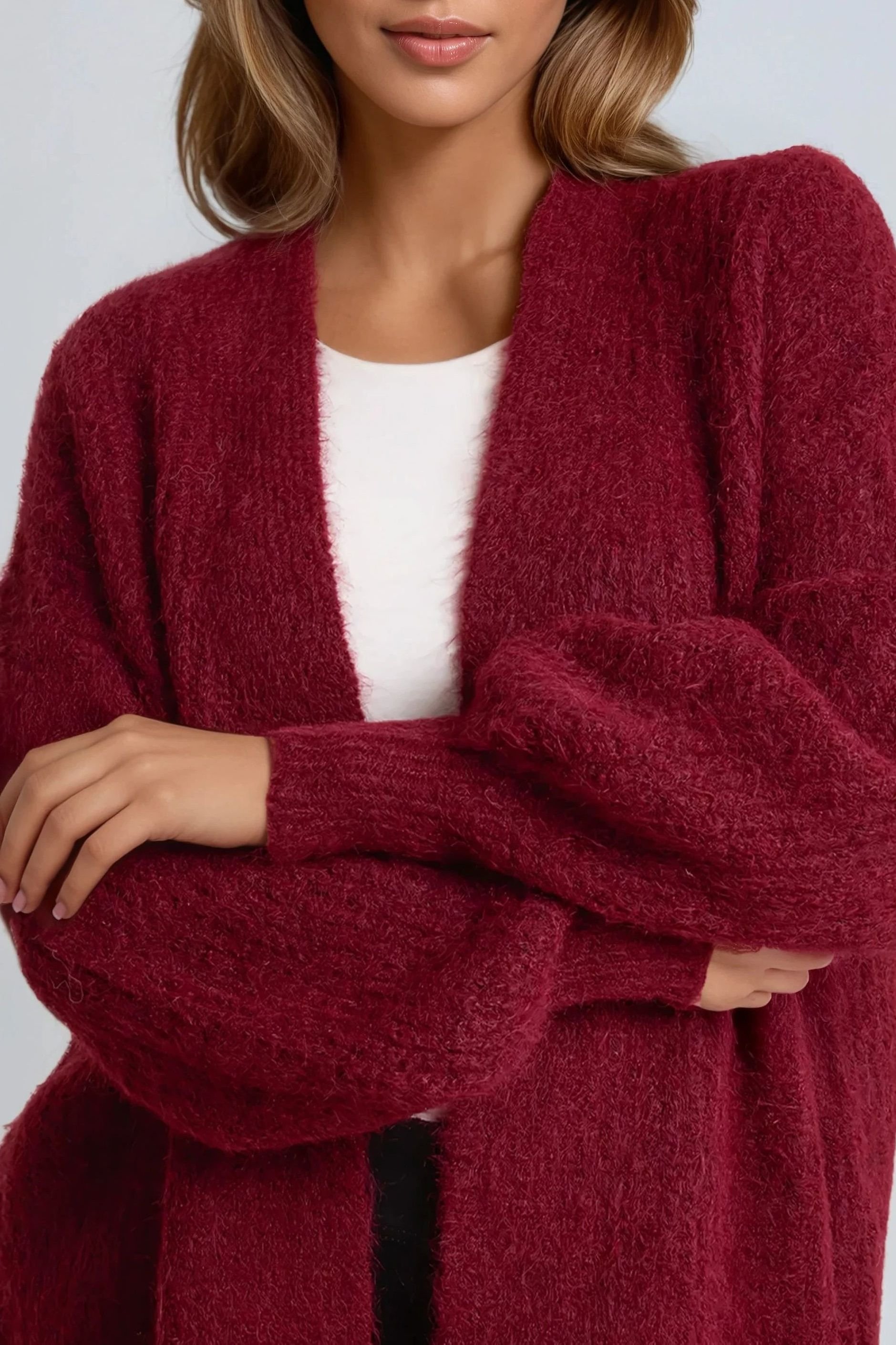 Aftershock London Aftershock London Women's Wool Blend Balloon Sleeve Knitted Cardigan in Wine - 2