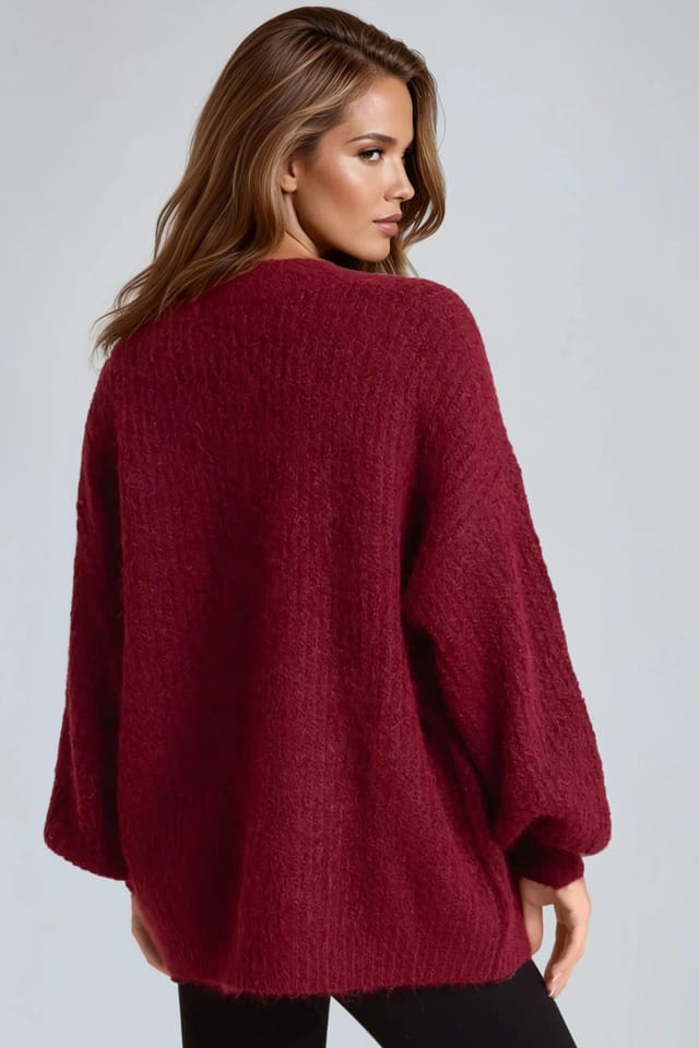 Aftershock London Aftershock London Women's Wool Blend Balloon Sleeve Knitted Cardigan in Wine - 3