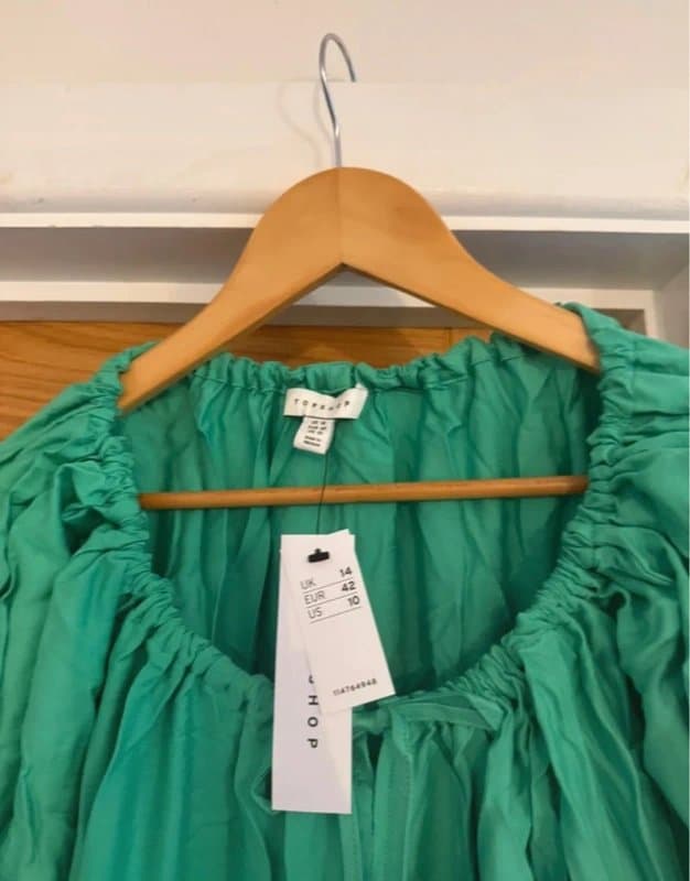 Topshop Topshop Emerald Green Boho Smock Ruched Tie Bow Front & Side Midi Dress UK 14