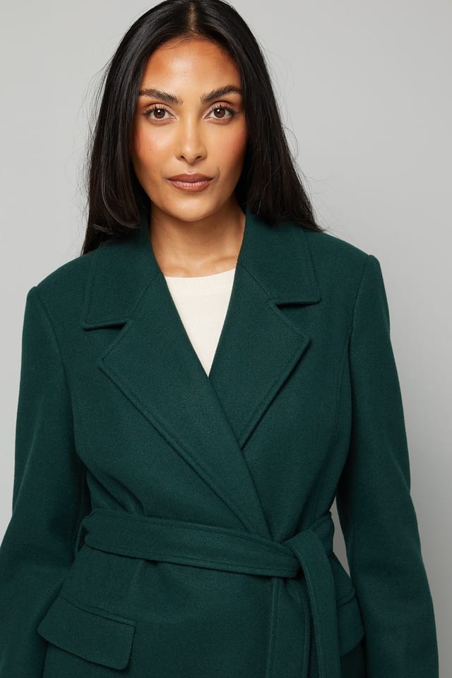 Wallis Wallis Women's Petite Longline Belted Coat With Splits in Green - 3
