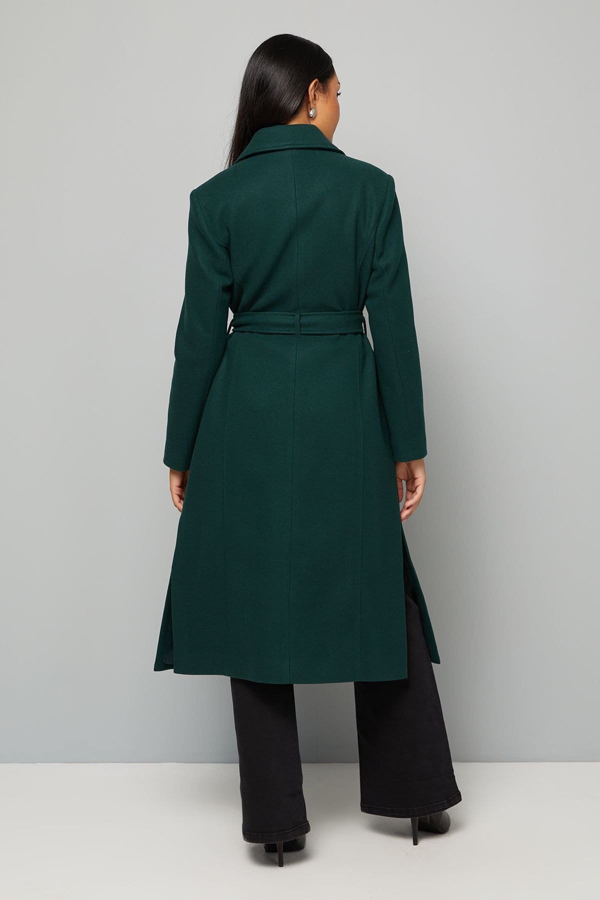 Wallis Wallis Women's Petite Longline Belted Coat With Splits in Green - 4