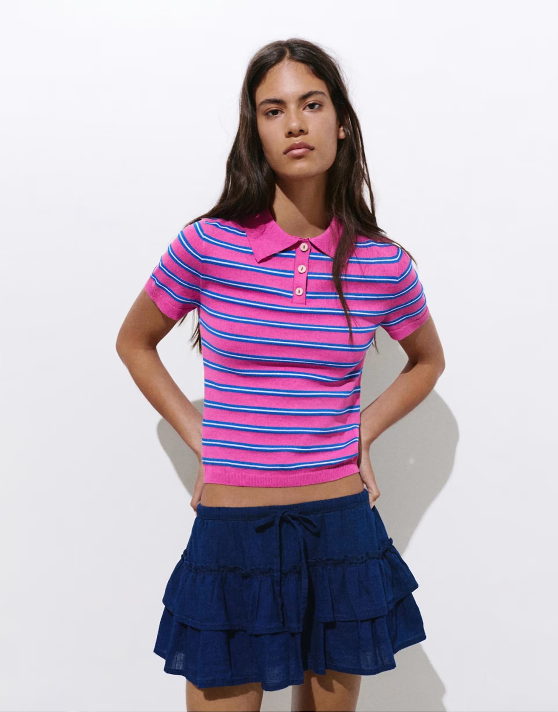 ASOS Pull&Bear Pink & Blue Striped Polo Top with Ruffled Denim Skort