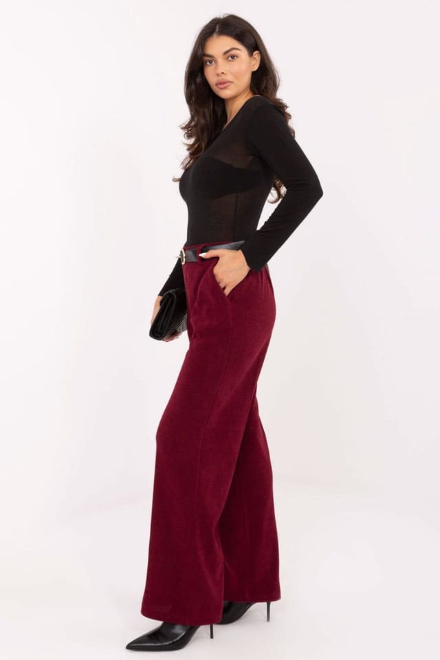 Love Lace Love Lace Women's High Waist Wide Leg Corduroy Trousers in Burgundy - 2