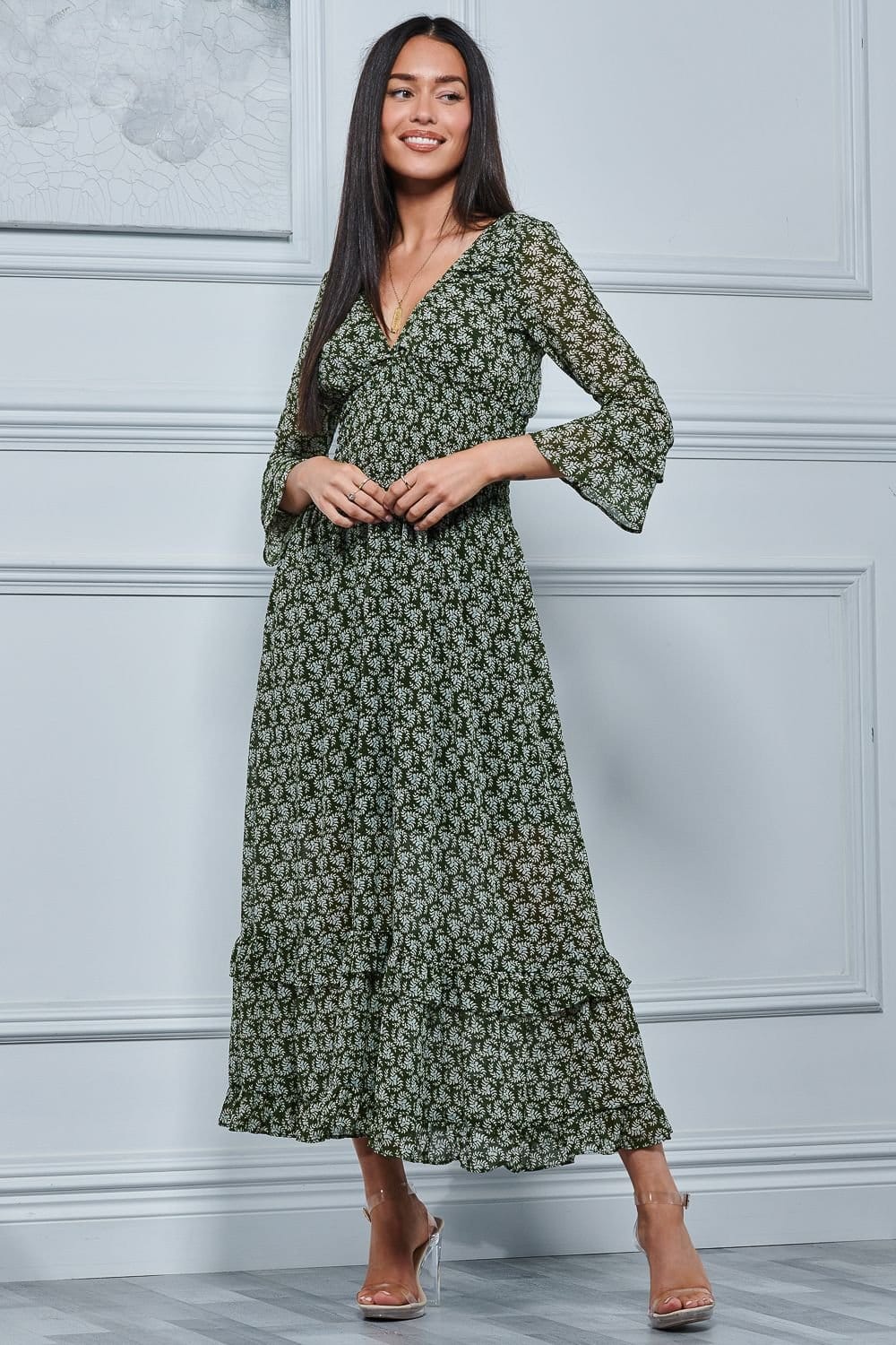 Jolie Moi Jolie Moi Women's Qaiya Shirred Chiffon Maxi Dress in Green - 4