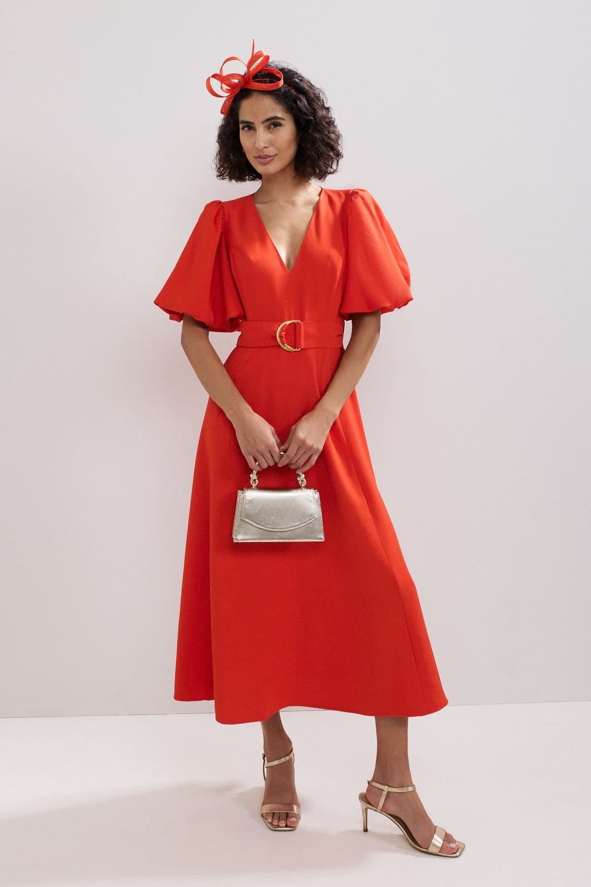 Phase Eight Phase Eight Women's Zarah Plain Puff Sleeve Midi Dress in Coral