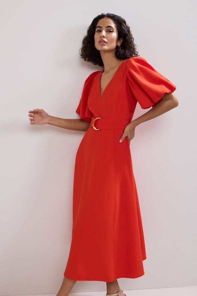 Phase Eight Phase Eight Women's Zarah Plain Puff Sleeve Midi Dress in Coral - 3